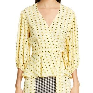 Ganni Floral Puff Sleeve Wrap Top.